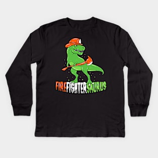 Funny Firefighter T Shirts Fireman Dinosaur Gift Kids Long Sleeve T-Shirt